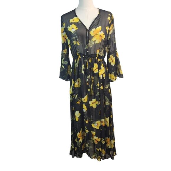 NEW POL Small Sheer Midi Maxi Dress Lingerie Cover-Up Black Yellow Floral Print - Picture 5 of 16
